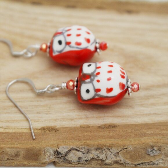 Red Hand Painted Porcelain Owl Beaded Earrings - Handmade & Hypoallergenic - Picture 4 of 8